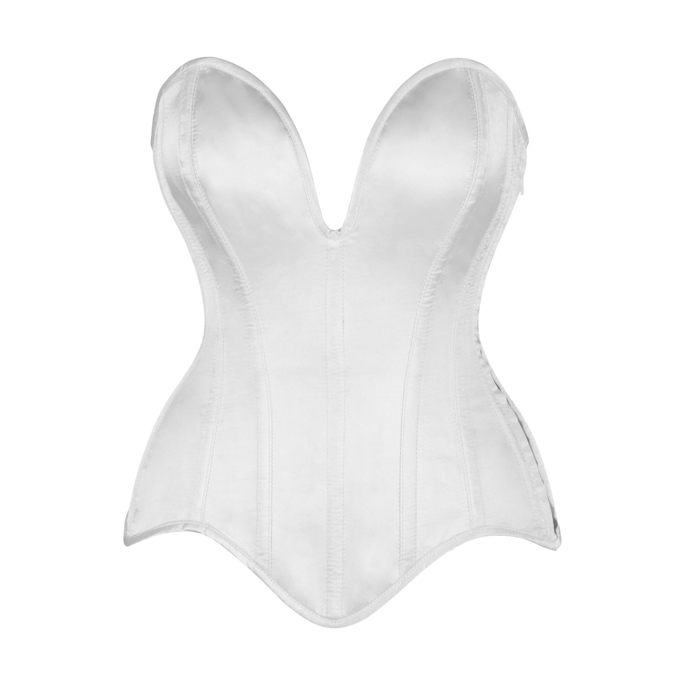 6127 Top Drawer Steel Boned White Satin Plunge Neckline Overbust Corset 4x